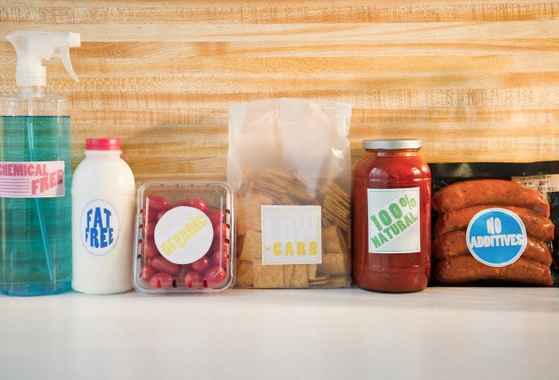 A row of different products with various labels