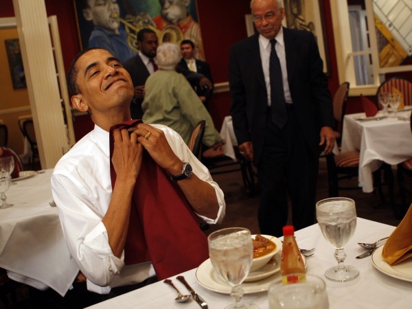 President Obama eating at table