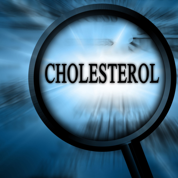 cholesterol on a blue background with magnifier on top
