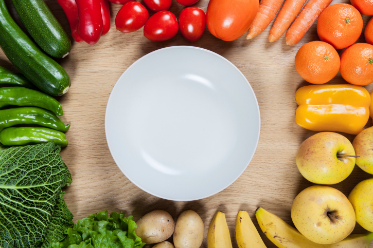 empty plate, surrounded by raw vegetables