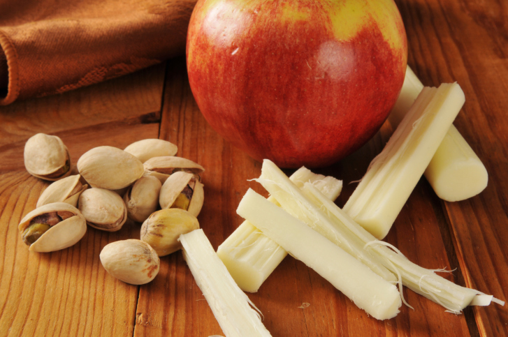 healthy snacks, pistachio, apple and string cheese