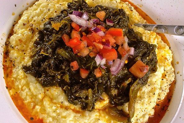 Slow Braised Greens Over Pepper Jack Grits
