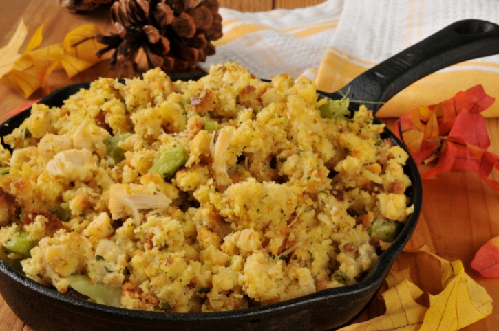 cornbread dressing in skillet
