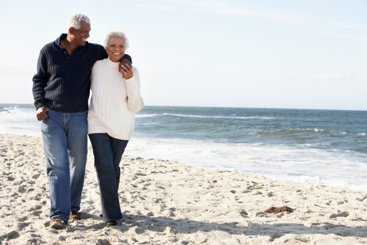 African American senior couple walking on beach