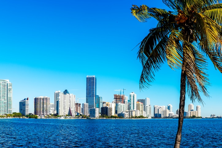 Miami Downtown skyline in daytime with Biscayne Bay.