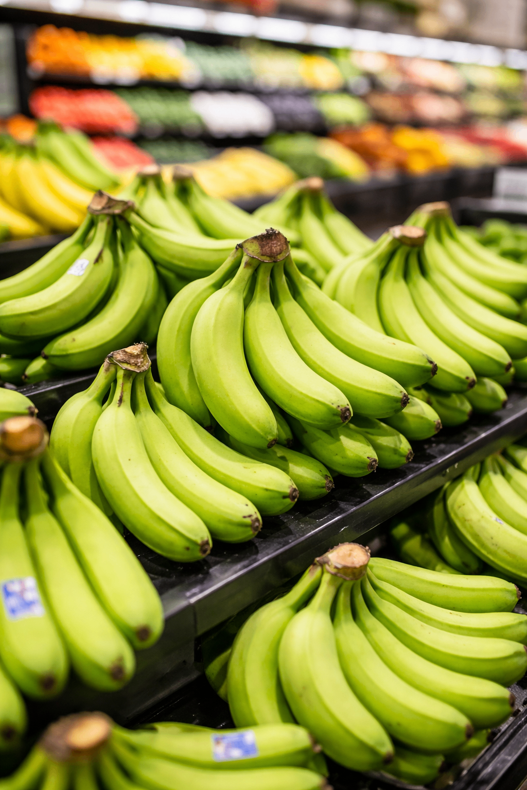 Bunches of bright green, unripe bananas are neatly displayed on dark shelves in a grocery store produce section. The background shows blurred colorful fruits and vegetables.