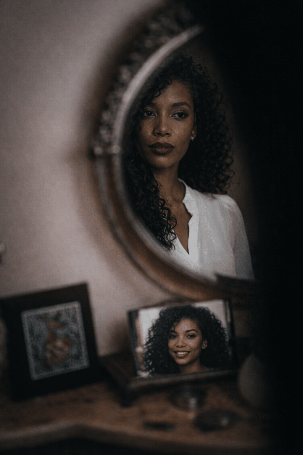 Older looking into mirror with a picture of her younger self on the dresser. Original image: https://unsplash.com/photos/a-womans-face-is-reflected-in-a-mirror-aHoqQ7ehVc4
