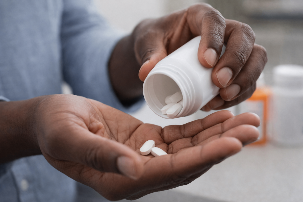 Close-up of a person's hands pouring white pills from a white bottle into their palm.