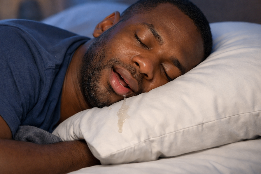 A man with dark skin sleeps soundly on his side in a dark bedroom, with a visible trail of drool on his chin and the white pillow.