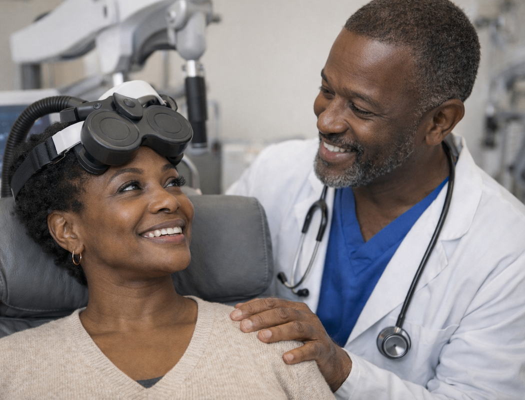 An African American woman wearing a head-mounted device smiles up at an African American male doctor who is gently touching her shoulder in a medical setting.
