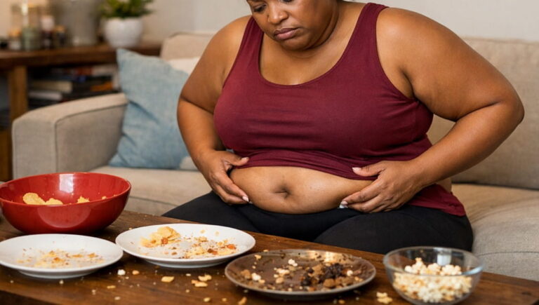 A person with dark skin sits on a couch, holding their stomach with a somber expression, surrounded by plates and bowls with leftover food like chips, cake crumbs, and popcorn.