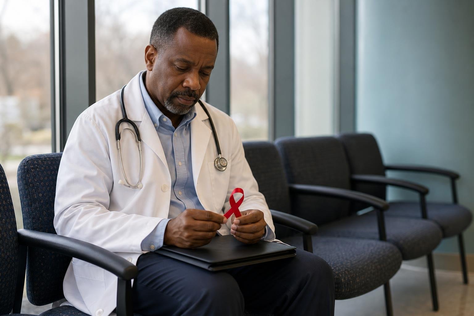 Black physician holding a red ribbon in a clinic waiting area for HIV/AIDS outreach.