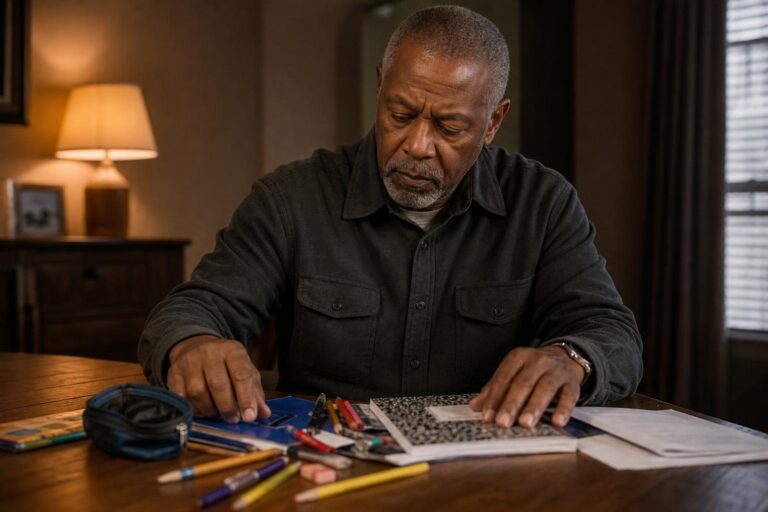 Concerned Black grandfather at a table reflects on ADHD in children.