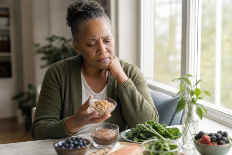 Older woman considers natural remedies for ADHD beside walnuts and flax by a window.