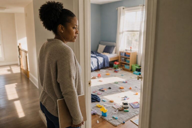 Black mother considers possible ADHD signs while standing at a child’s bedroom doorway.