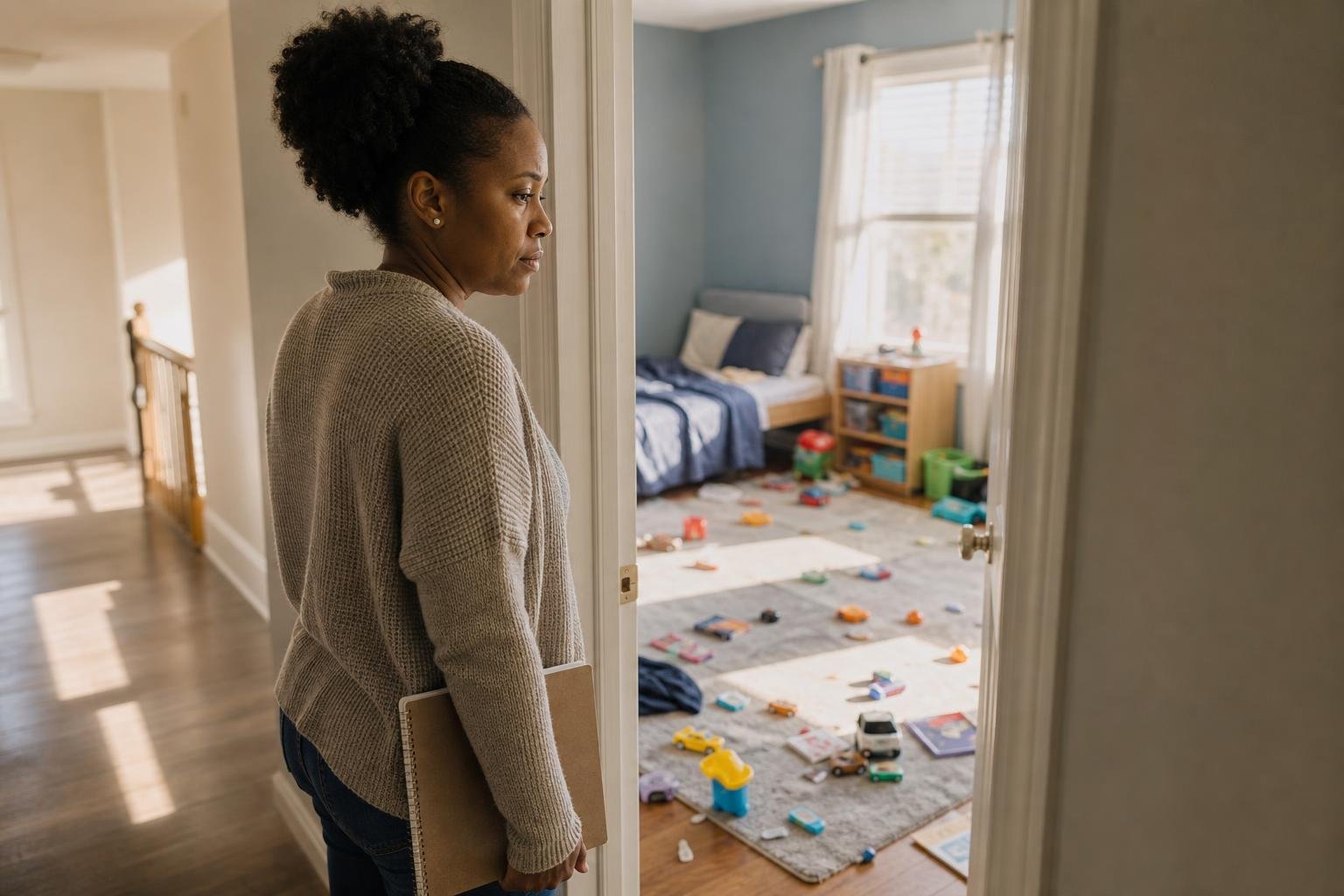 Black mother considers possible ADHD signs while standing at a child’s bedroom doorway.
