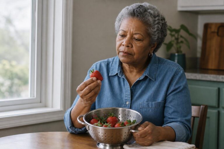 Concerned older woman examines rinsed strawberries while considering pesticide exposure and ADHD.