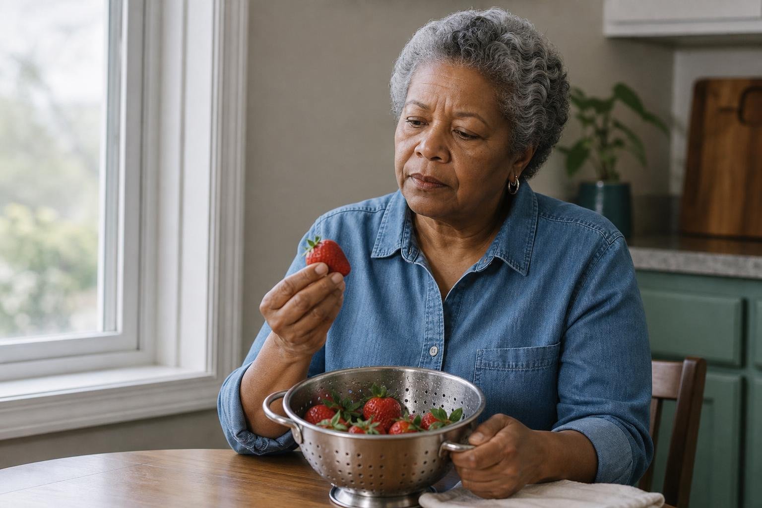 Concerned older woman examines rinsed strawberries while considering pesticide exposure and ADHD.