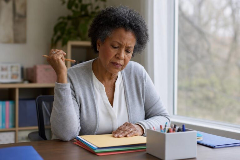 Concerned Black teacher reflecting on ADHD support at a desk by a home office window.
