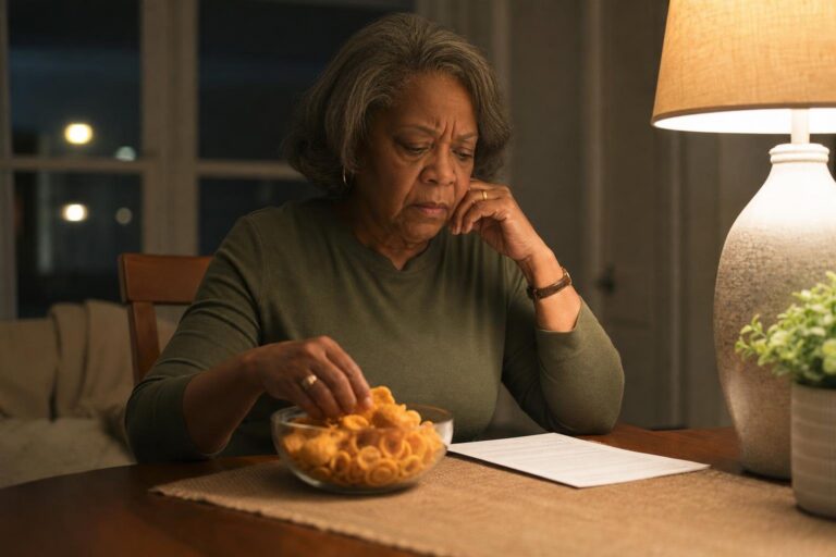 Older woman pauses over snacks at a table, worried about ADHD and weight management.