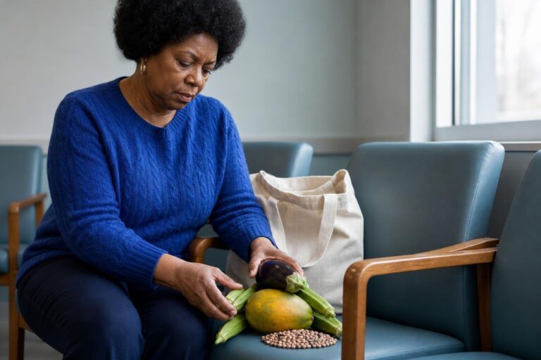 African American woman arranges heritage foods into an African Heritage Diet Pyramid in a clinic waiting room.
