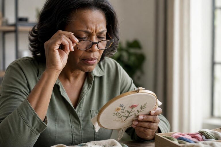 Black woman concerned about age-related macular degeneration while examining embroidery.