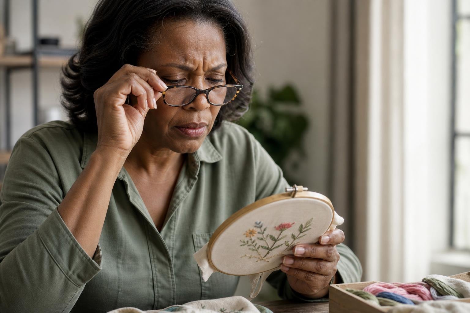 Black woman concerned about age-related macular degeneration while examining embroidery.
