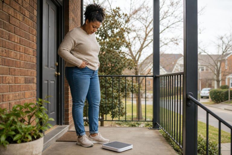 Black woman pauses over a bathroom scale outdoors while addressing age-related weight gain.