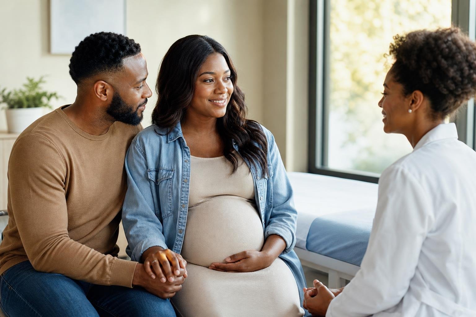 A Black pregnant woman in her early thirties sits calmly with her partner during a warm prenatal consultation, their hands gently linked as a compassionate clinician listens nearby in a sunlit, serene examination room.