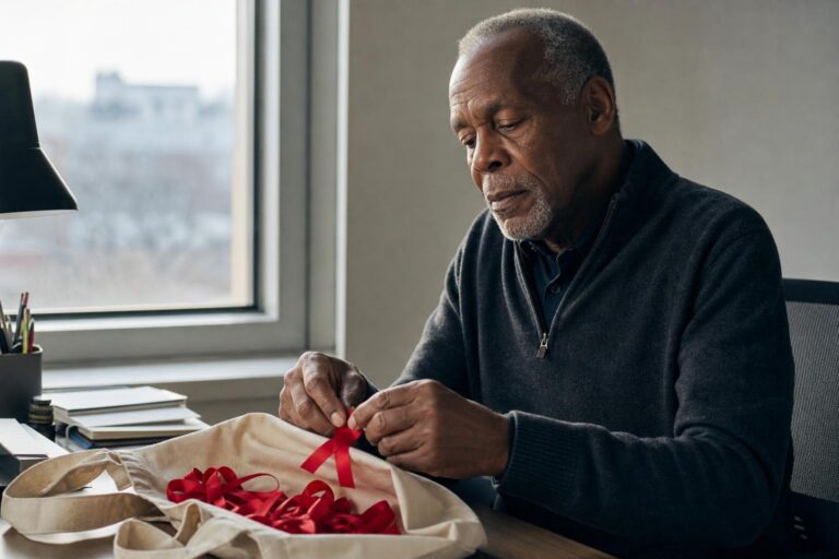 A contemplative Black AIDS activist folds red awareness ribbons beside a home office window.