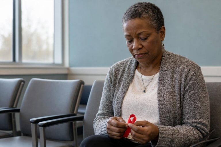 A Black woman waits quietly in a clinic holding a red ribbon, reflecting on the long AIDS journey.