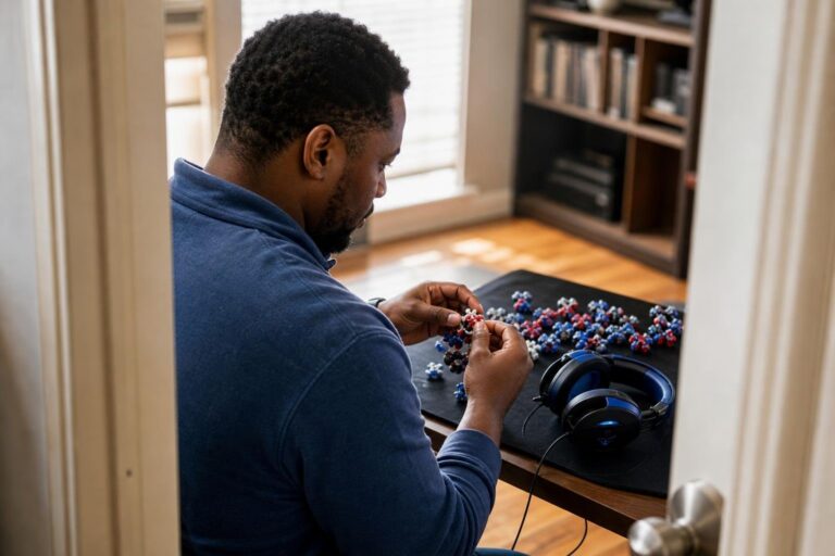 Over-the-shoulder view of a gamer working on an AIDS virus enzyme puzzle at home.