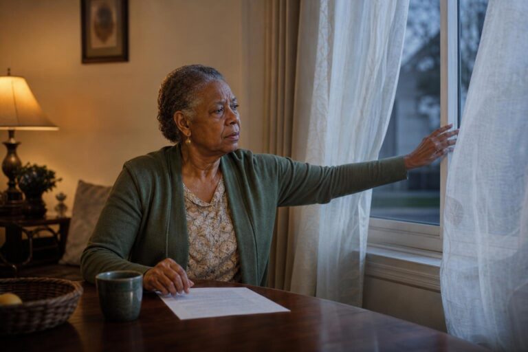 Older woman airing out her house by opening a window beside a dining table.