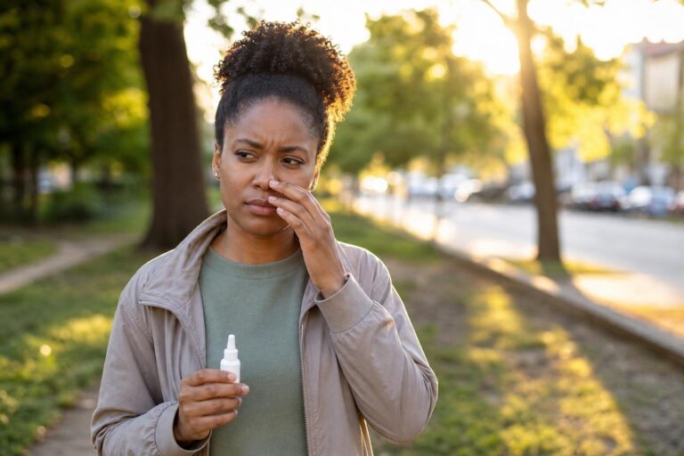 Black woman considers allergy medicine while holding a nasal spray beside a neighborhood park.
