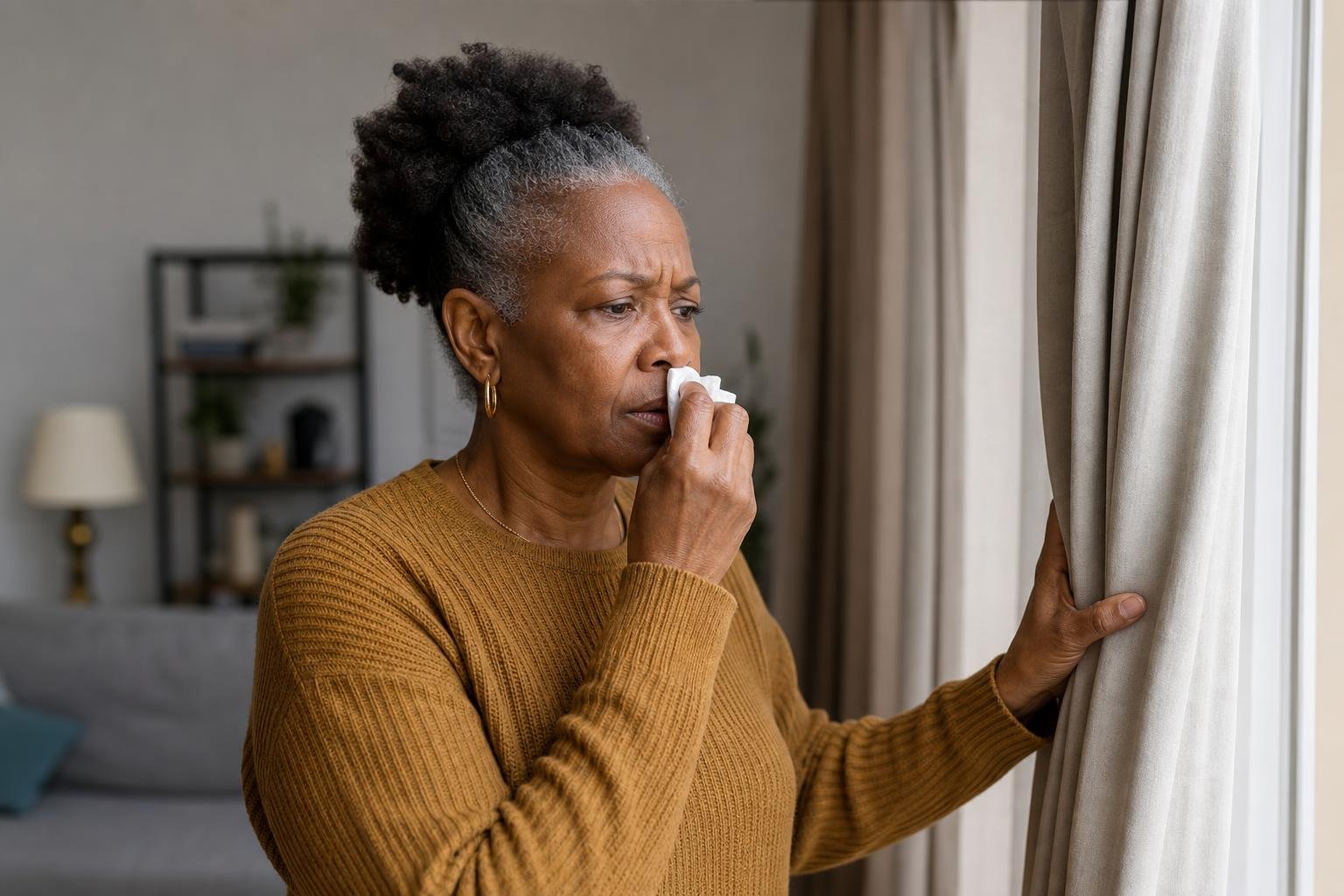 Concerned Black woman closing a window as allergy season symptoms return indoors.