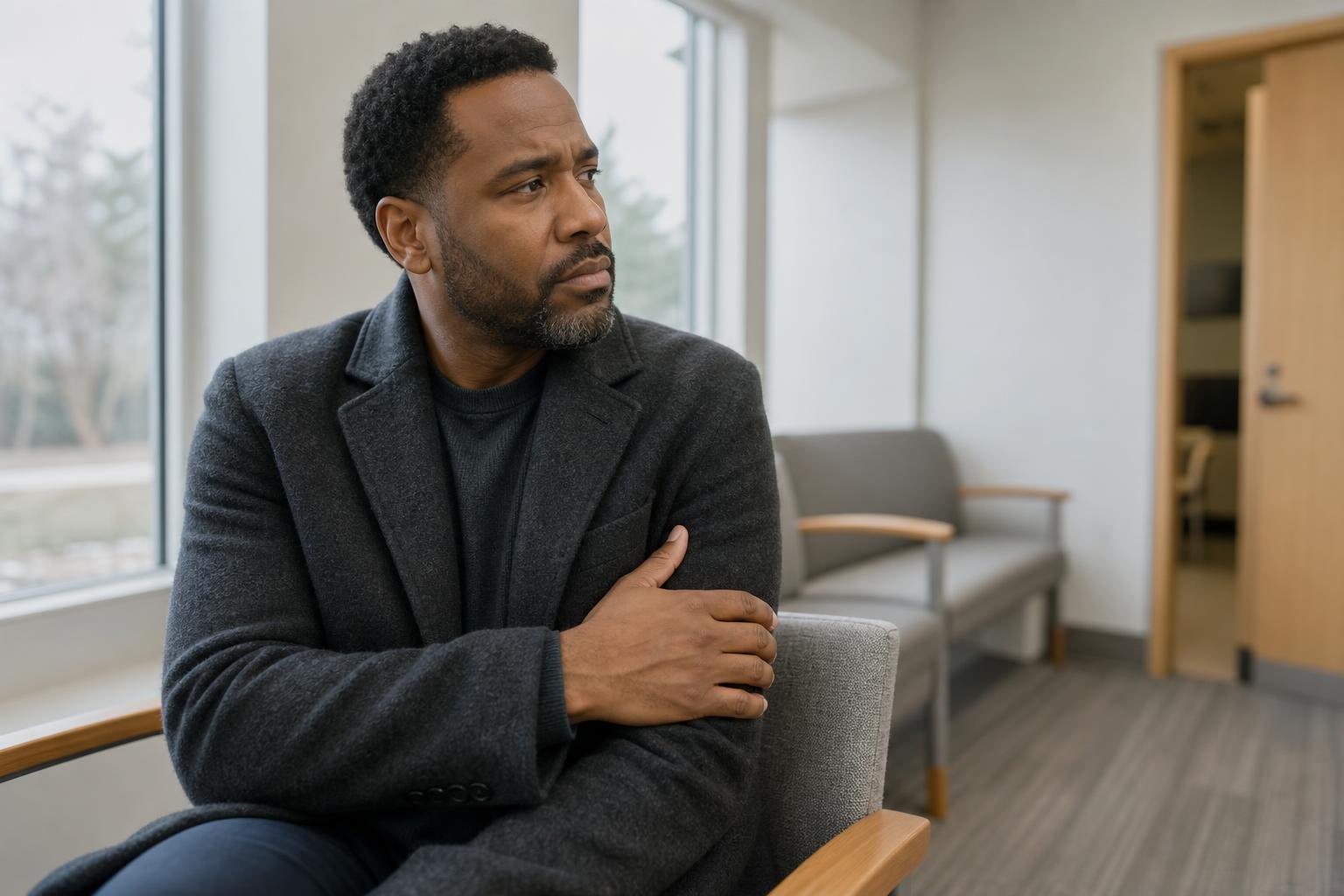 Black man in an allergy clinic waiting area considering allergy shots with quiet concern.