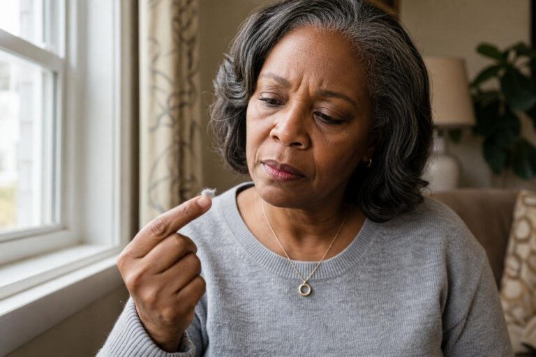 Concerned woman inspecting dust on a windowsill, reflecting allergy statistics and common indoor allergens.