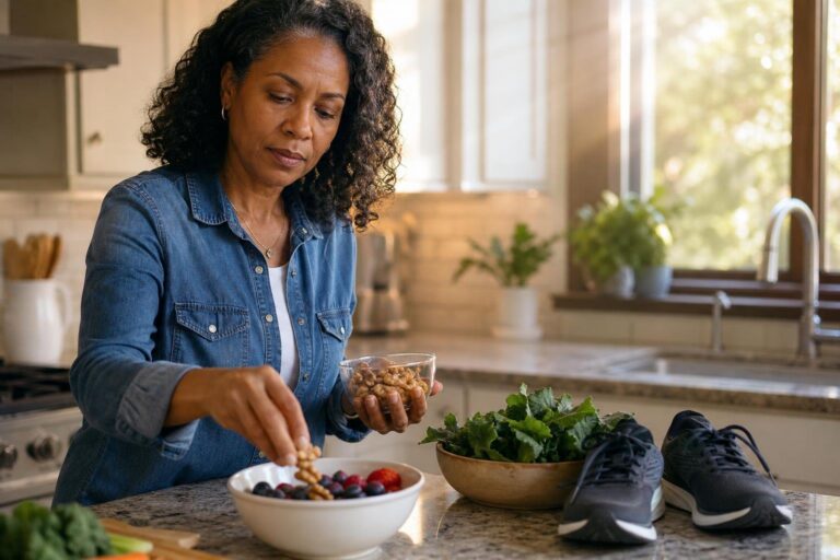 A Black woman prepares walnuts and berries at home as part of an Alzheimer’s prevention routine.