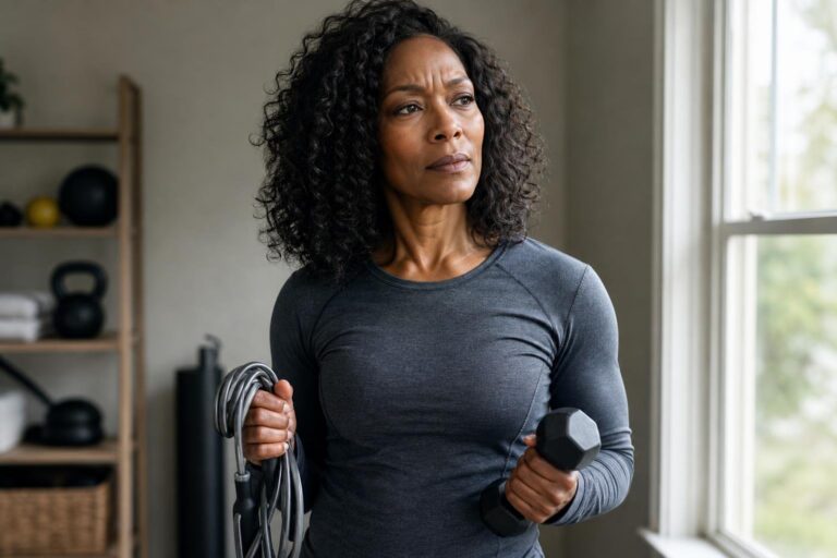 Black woman pauses during an Angela Bassett-inspired total body workout with jump rope and dumbbell.