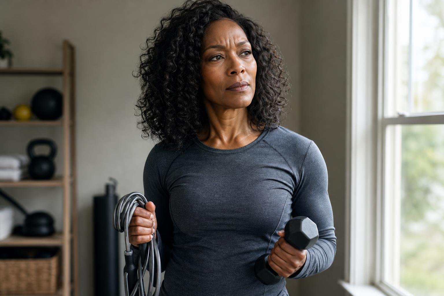 Black woman pauses during an Angela Bassett-inspired total body workout with jump rope and dumbbell.