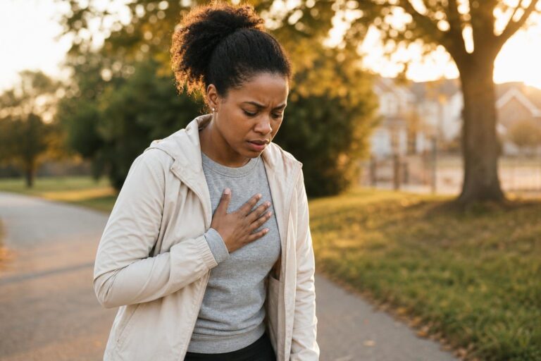Woman pauses on a park-edge walk with chest discomfort related to angina.