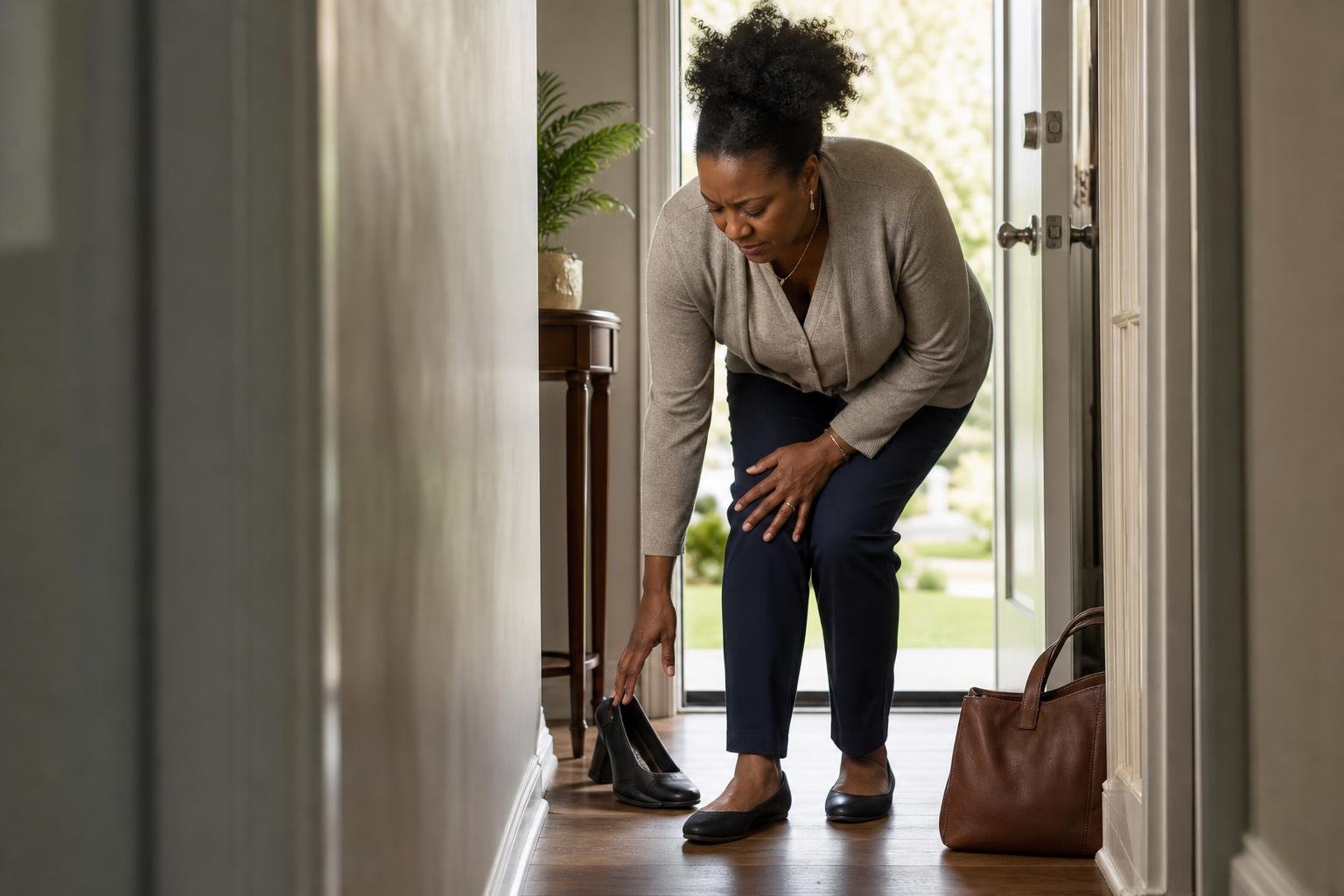 A Black woman carefully bends in a morning hallway while managing arthritis knee stiffness.