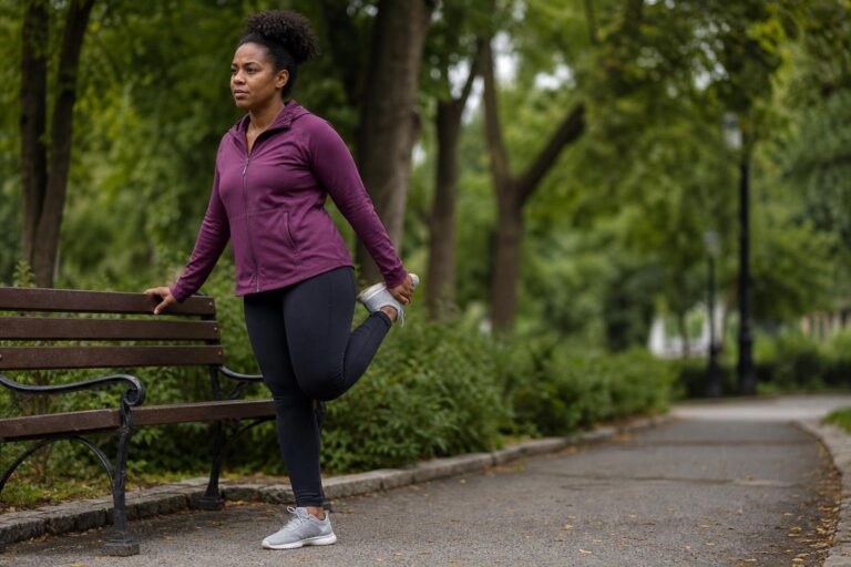 Black woman gently stretching her knee on a park path to ease arthritis pain.