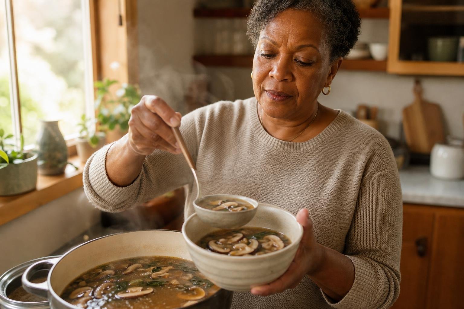 Black woman ladles Asian mushroom soup with shiitake slices into a bowl at her kitchen counter.