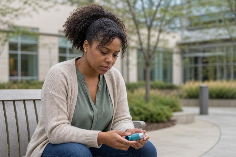 Black woman reflects on an asthma diagnosis outside a clinic.