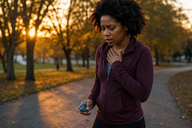Young Black woman with asthma pauses after coughing on a neighborhood park walk.