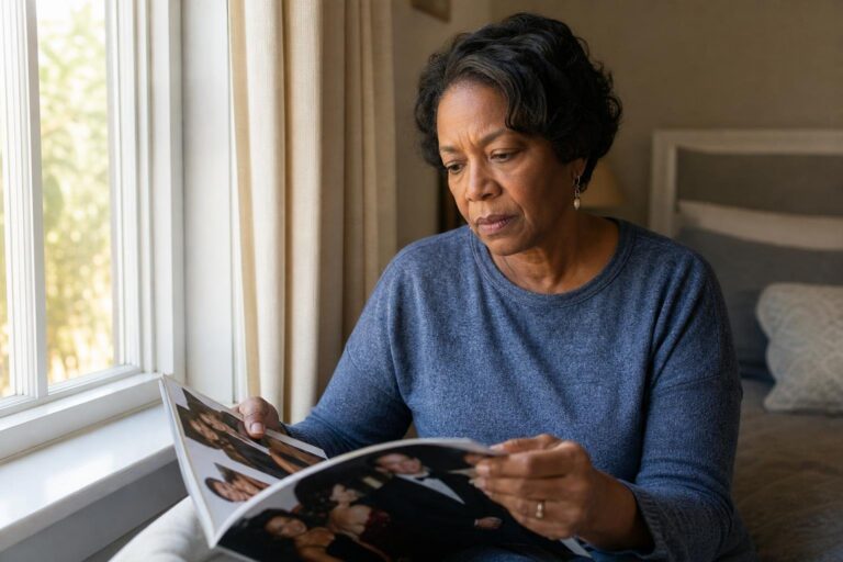 Woman by a bedroom window reflects on celebrities with autoimmune diseases in an entertainment magazine.
