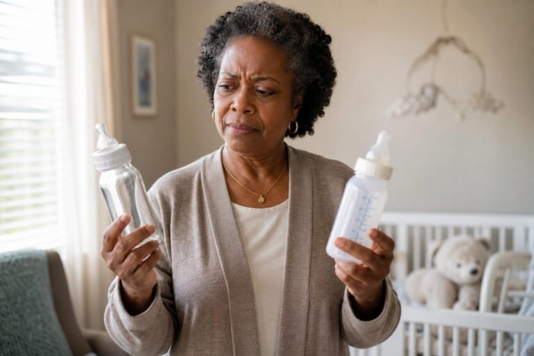 Concerned grandmother compares plastic and glass bottles for baby bottle safety.