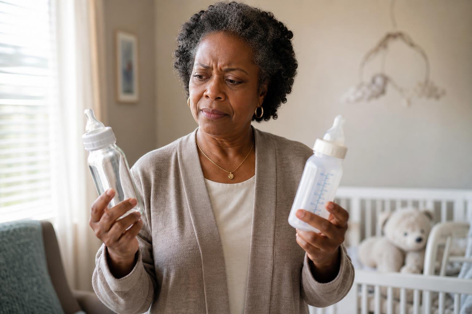 Concerned grandmother compares plastic and glass bottles for baby bottle safety.