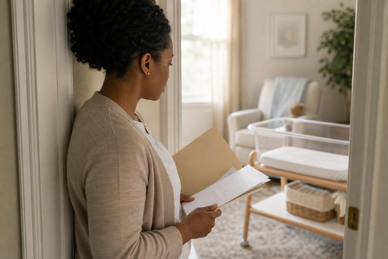 A mother reviews a baby health folder beside a carefully prepared empty bassinet.